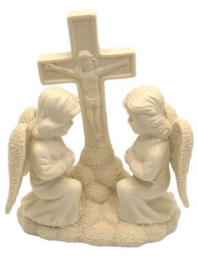 Porcelain Ivory Angel Figurine Pair Kneeling At Cross